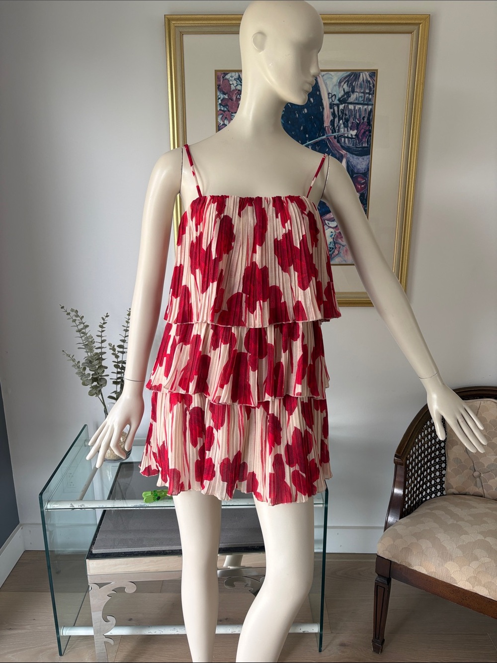 Tiered Spaghetti Strap Mini Dress in Red and Cream